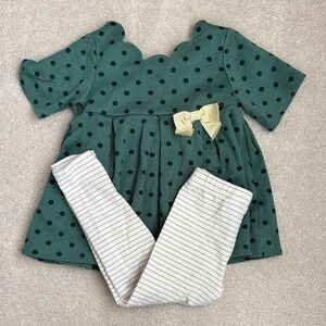 TAHARI girls Green Polka Dot Dress and gold Striped white Leggings 3T